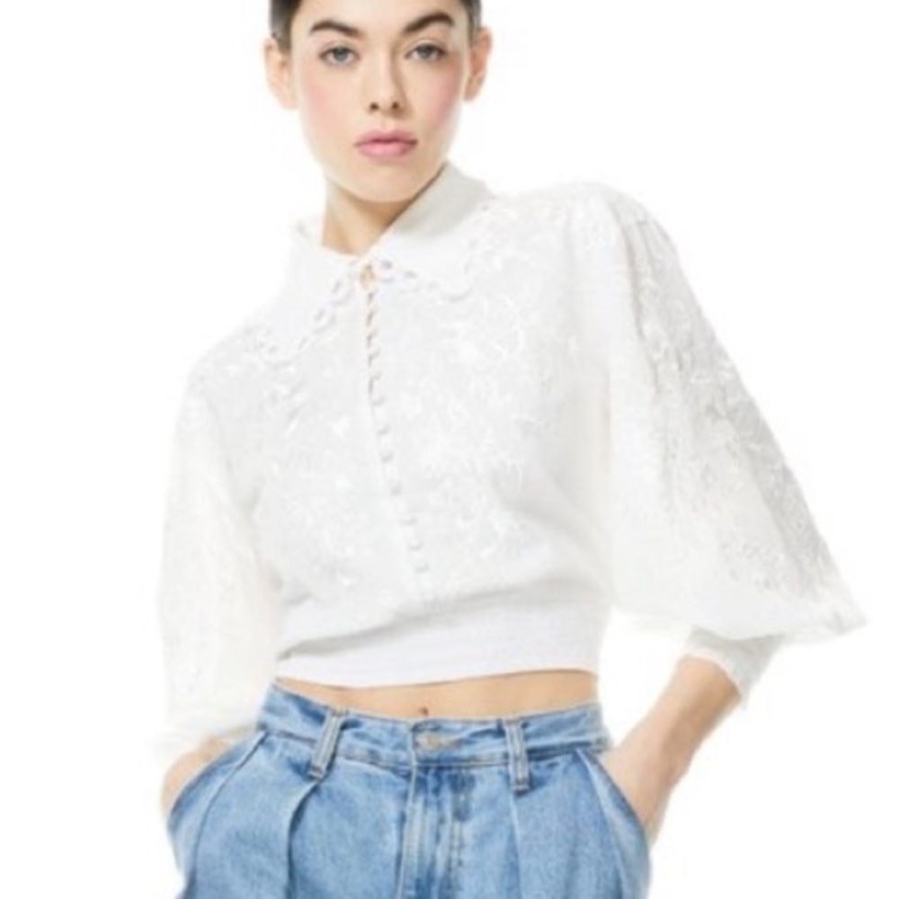 Alice and Olivia Onella Embroidered Button Front Top, XS, NEW/Never Worn!